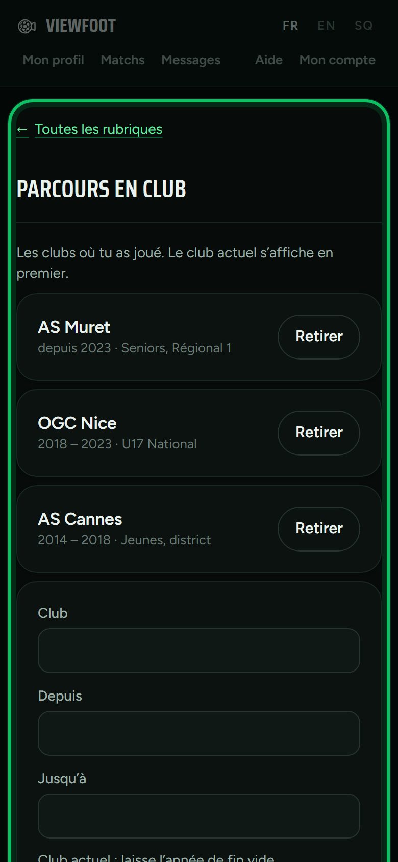 Écran : Ton parcours en club