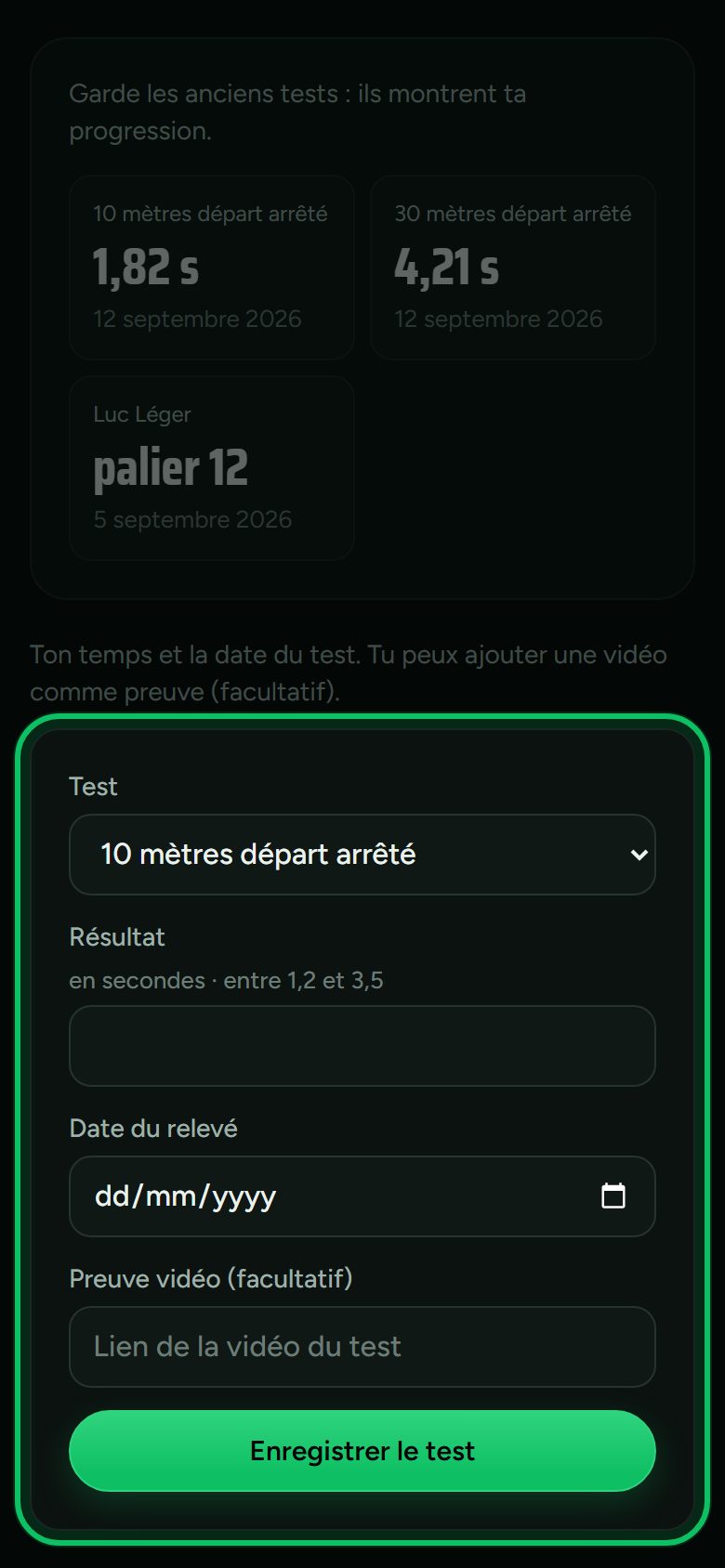 Écran : Tes tests physiques