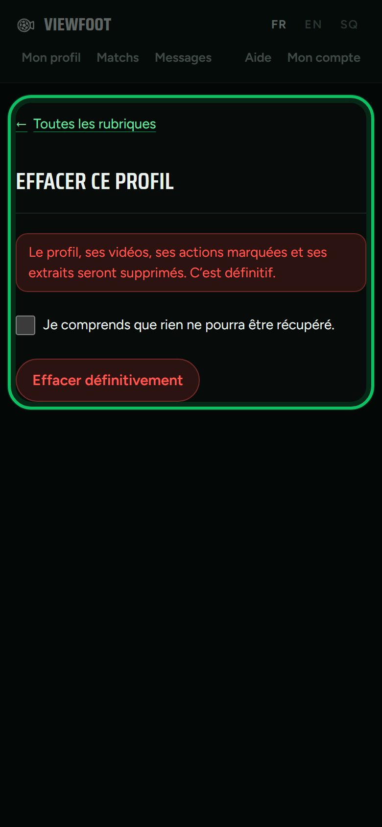 Écran : Efface le profil