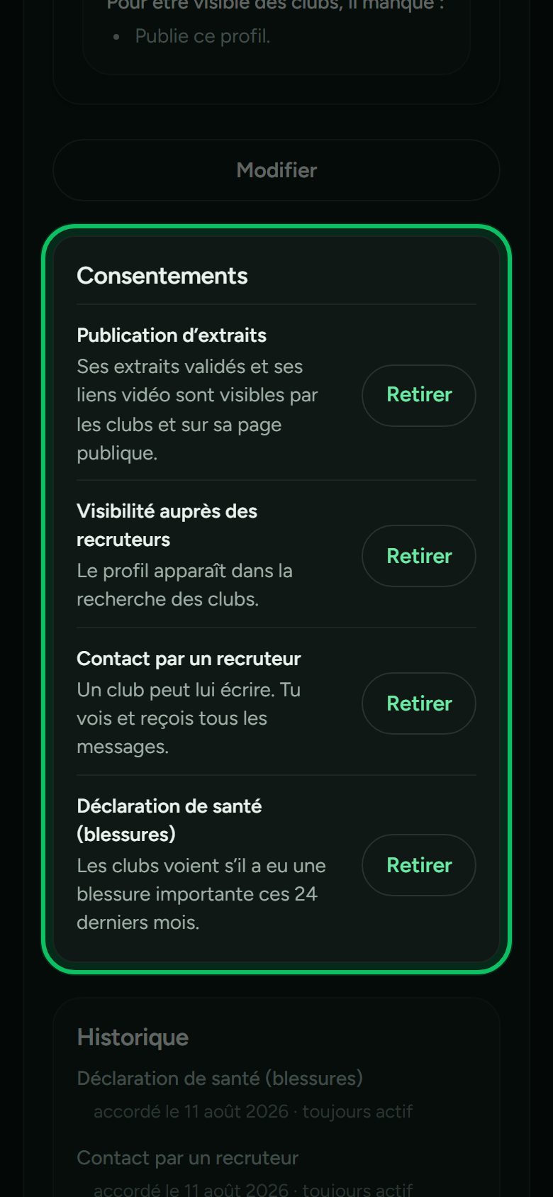Écran : Le parent donne ses accords