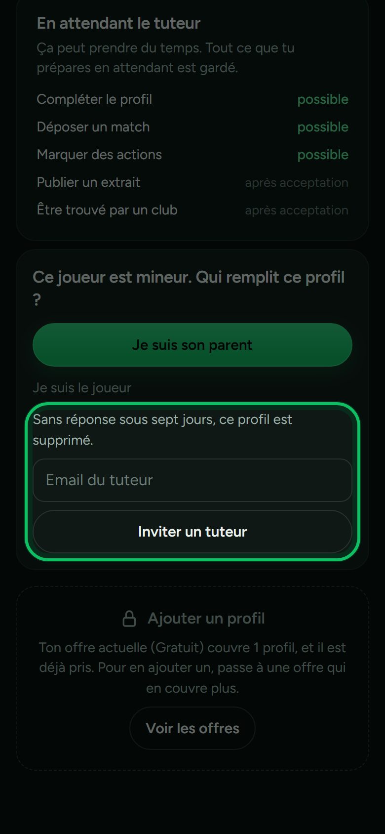 Écran : Le joueur invite son parent