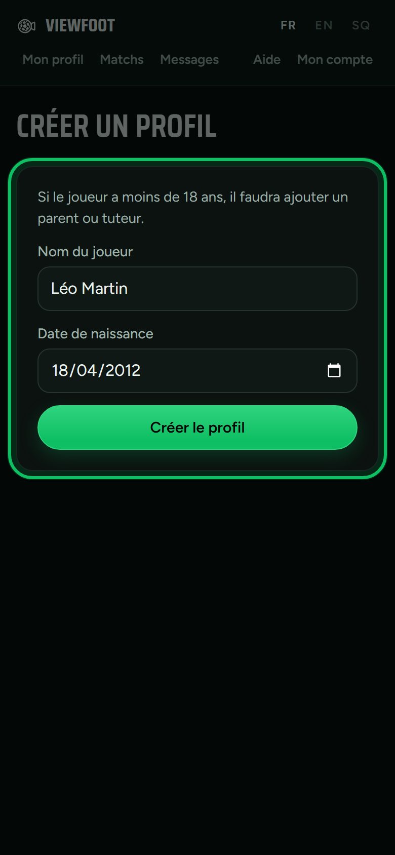 Écran : Crée le profil