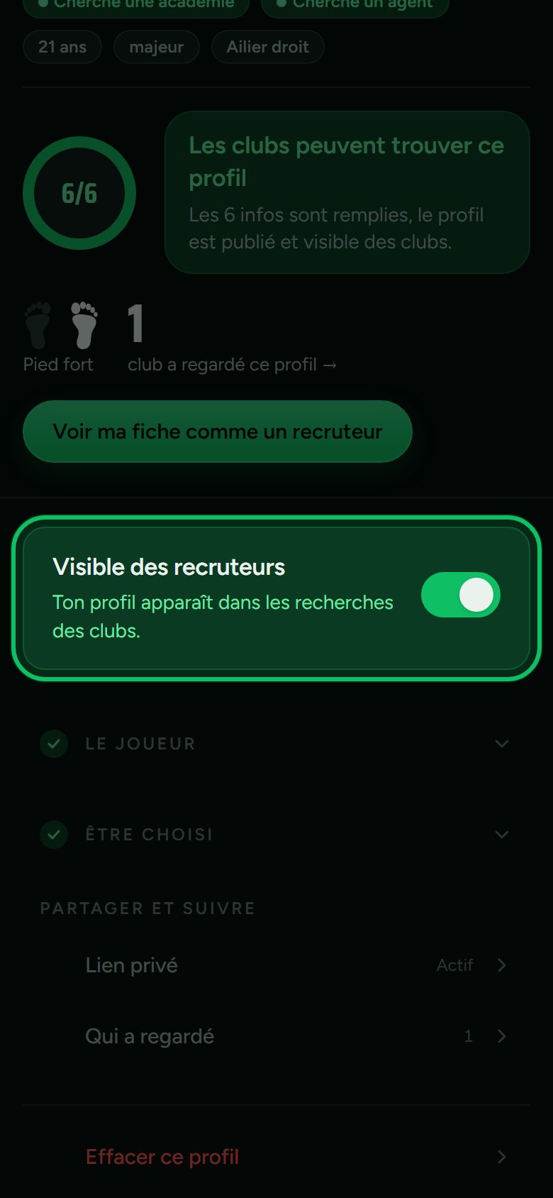 Écran : Allume « Visible des recruteurs »